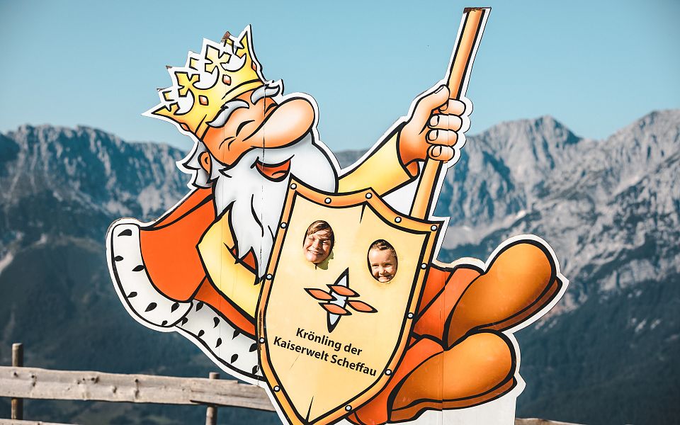 Cartoon-König mit Krone und rotem Mantel, hält ein Schild mit Fotos und Text, im Hintergrund ein Bergpanorama und blauer Himmel.