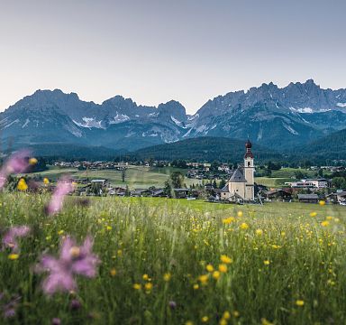 Idyllische Alpenlandschaft mit blühender Wiese im Vordergrund, einer Kirche in der Mitte und dem majestätischen Bergmassiv des Wilden Kaisers im Hintergrund.