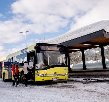 Ein gelber Bus hält an einer verschneiten Haltestelle. Eine Person steigt mit Skiern ein. Im Hintergrund verschneite Berge unter einem bewölkten Himmel.