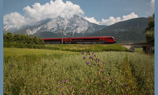 Zug überquert Bahnbrücke in grüner Landschaft vor Bergmassiv