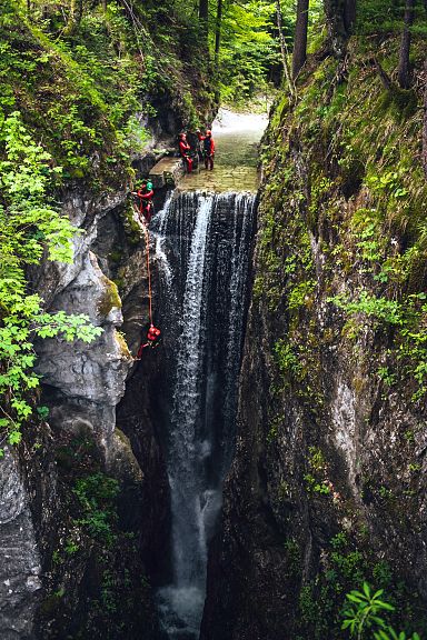 Zwei Personen seilen sich an einem Wasserfall in einer felsigen, bewaldeten Schlucht ab. Die Szene ist dynamisch und von dichtem Grün umgeben.