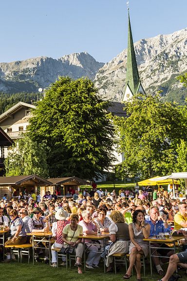 People sitting at picnic tables in a lush, green park with mountains in the background, enjoying a sunny day and festive atmosphere.