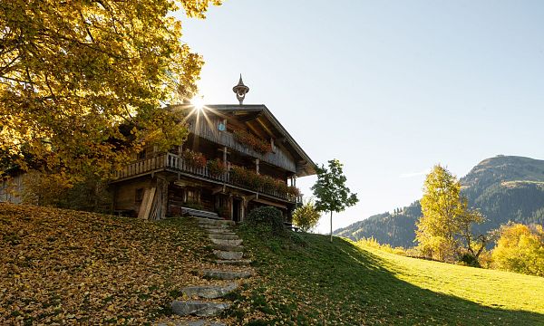 Almhütte im Herbst, umgeben von buntem Laub und Bergen im Hintergrund, unter strahlendem Sonnenschein und klarem Himmel.