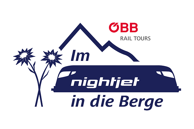 Logo mit Bergsilhouette, zwei Blumen und "Im Nightjet in die Berge" Schriftzug sowie ÖBB Rail Tours in Rot und Blau.
