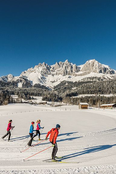 A group of people cross-country skiing on a snow-covered track with a backdrop of majestic mountains under a clear blue sky.