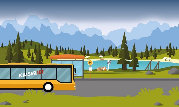 Illustrated view of a bus stop in front of mountains at Wilder Kaiser, with a lake and trees, capturing a peaceful, natural setting.