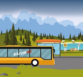 Illustration einer idyllischen Berglandschaft mit einem gelben Bus an einer Haltestelle, einem See und Bergen im Hintergrund bei klarem Himmel.