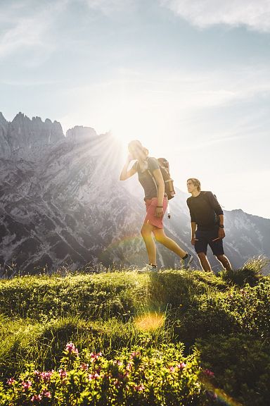 Zwei Wanderer auf einem blühenden Bergpfad, Sonnenstrahlen brechen durch die Wolken, im Hintergrund ragt ein imposantes Bergmassiv in den Himmel.