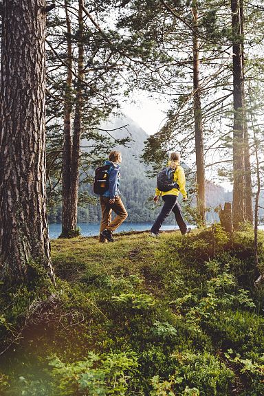 Zwei Personen wandern entlang eines Waldrands mit Blick auf einen See und Berge im Hintergrund. Sonnenlicht scheint zwischen den Bäumen hindurch.