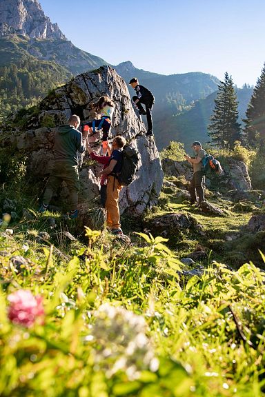 Ein sonniger Tag in den Alpen, Menschen klettern an einem Felsen inmitten grüner Wiesen und Bäume, im Hintergrund erhebt sich ein imposantes Bergmassiv.