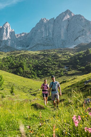 Two hikers walk through a sunny green meadow, framed by the towering rocky peaks of the Wilder Kaiser mountains under a clear blue sky in the background.