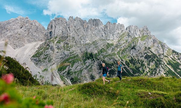 Zwei Wanderer spazieren auf einer grünen Wiese vor einem imposanten Bergmassiv in den Alpen. Der Himmel ist bewölkt, mit blauen Flecken sichtbar.