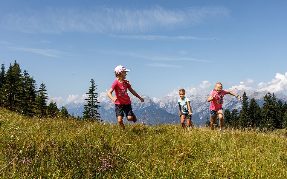 Children running in a grassy meadow with forested hills and distant mountains under a blue sky.