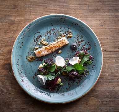 Gourmetteller mit kunstvoll angerichtetem Fischfilet und frischen Kräutern auf einer blauen Keramikplatte vor einem rustikalen Holztisch.