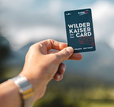 Hand hält eine Wilder Kaiser Card vor verschwommenem Bergpanorama bei sonnigem Wetter. Die Karte bietet Ermäßigungen und ist in Tirol, Österreich, gültig.