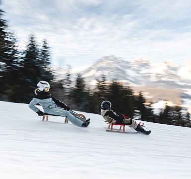 Zwei Personen rodeln schnell einen schneebedeckten Hang hinunter, umgeben von Bäumen und mit verschneiten Berggipfeln im Hintergrund.