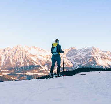 Eine Person steht in Winterkleidung mit Skiern auf einer schneebedeckten Fläche, umgeben von majestätischen verschneiten Bergen unter klarem Himmel.