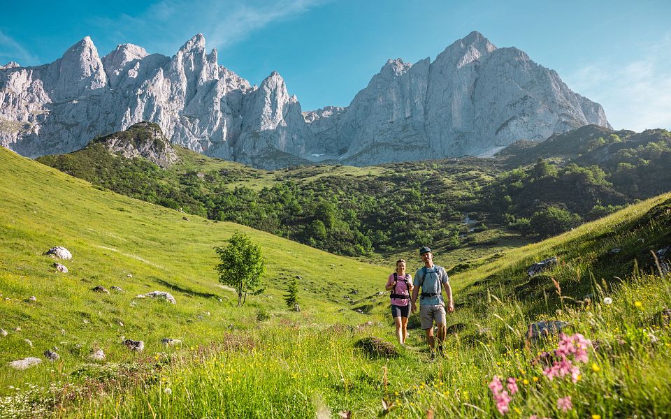 Zwei Wanderer auf einem grünen Bergpfad mit blühenden Wiesen, im Hintergrund beeindruckende, steile Felsgipfel unter einem strahlend blauen Himmel.