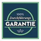 Logo mit Text "100% Durchführungsgarantie" in einem Kreis auf blauem Hintergrund.