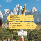 Ein Wanderer schaut auf Wegweiser im Vordergrund, die verschiedene Ziele in den Alpen anzeigen. Im Hintergrund erheben sich beeindruckende Berggipfel.