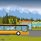 Illustration einer idyllischen Berglandschaft mit einem gelben Bus an einer Haltestelle, einem See und Bergen im Hintergrund bei klarem Himmel.