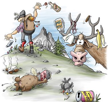 The cartoon depicts a hiker throwing his rubbish into a natural environment inhabited by animals