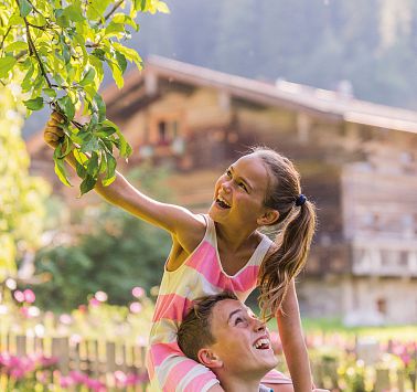Lachendes Mädchen auf den Schultern eines Jungen greift nach Baumästen