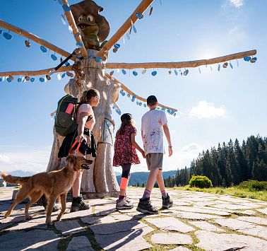 Familie mit Hund wandert um den Wunschbaum mit funkelnden Blättern