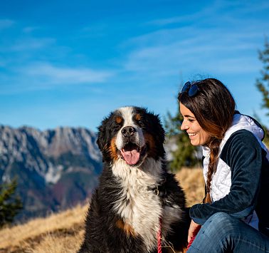 Frau mit Hund sitzt auf Almwiese